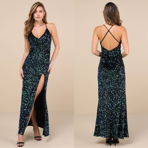 Size L - Lulus Keep it Regal Green Iridescent Sequin Velvet Maxi Dress - Picture 1 of 6